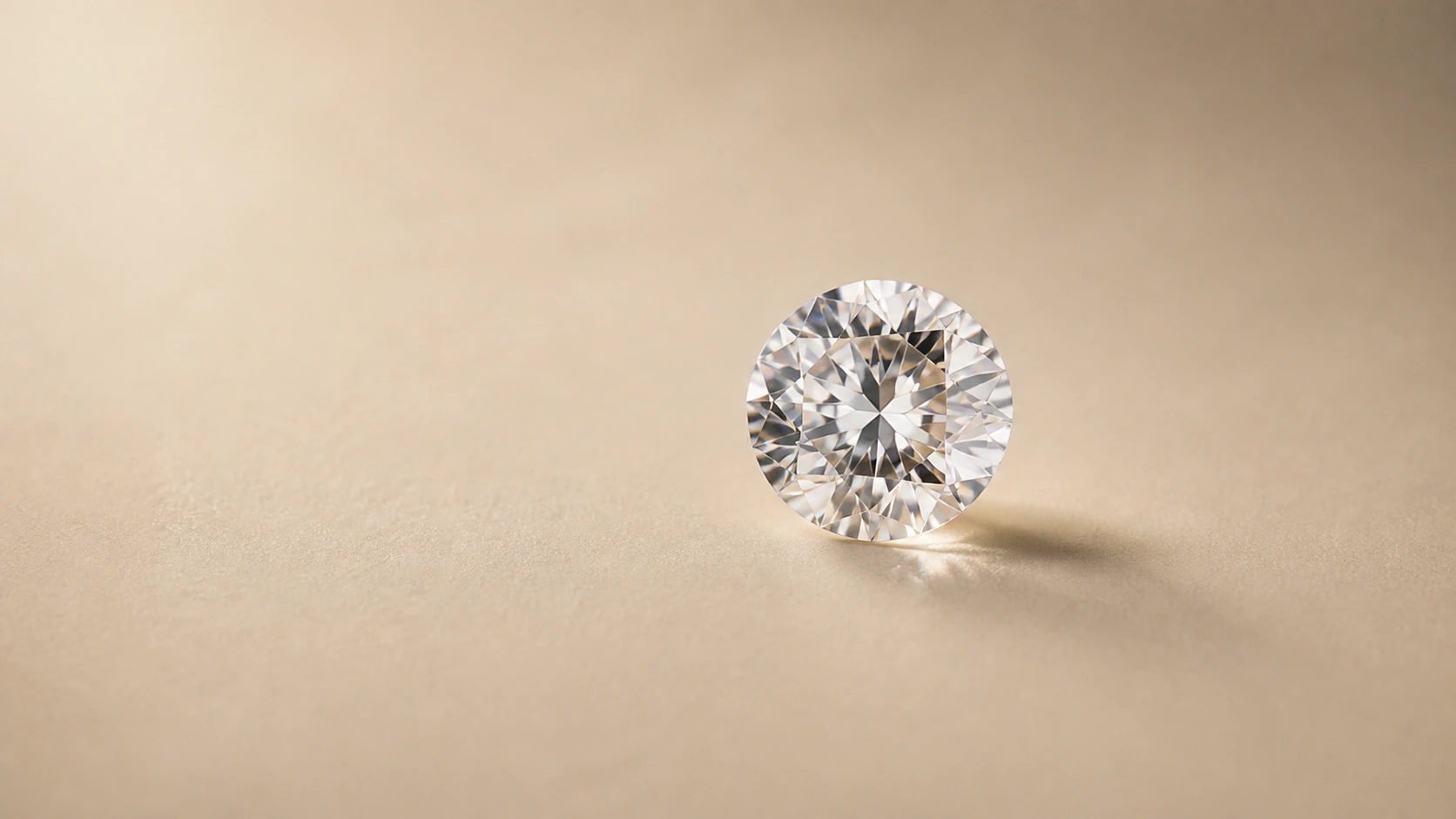 A single round brilliant diamond on a warm matte ivory surface.