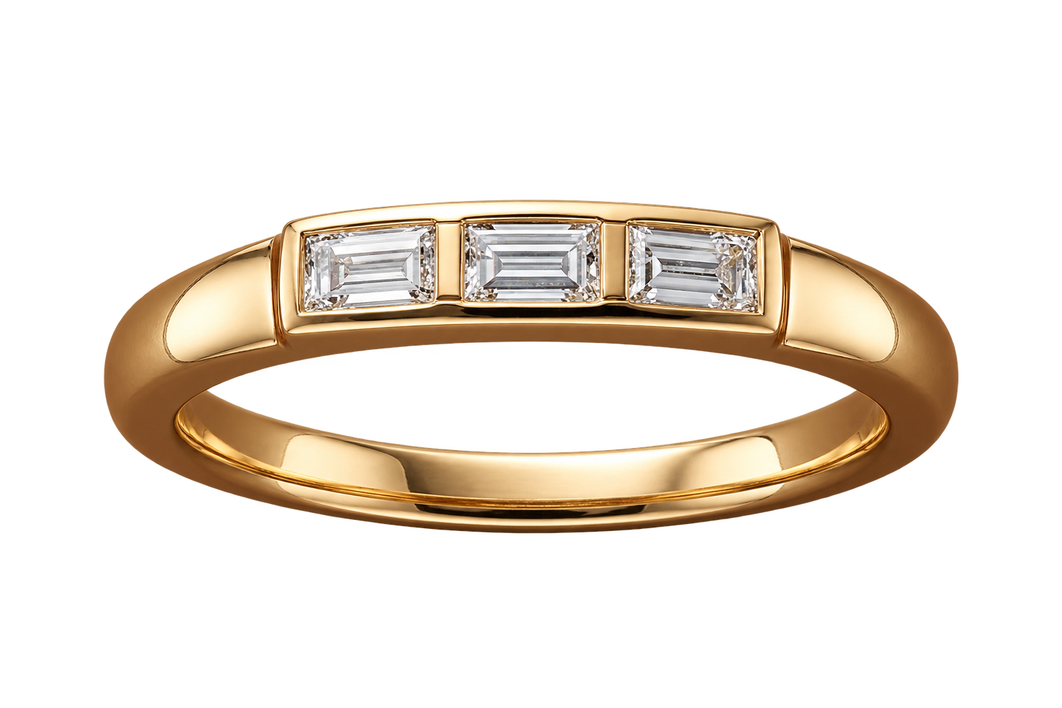 A warm-gold family ring with a baguette diamond as a transparent cutout.