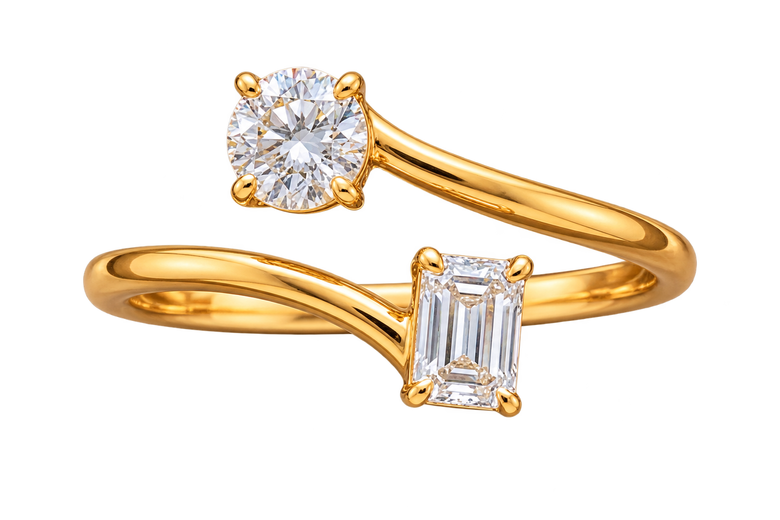 A warm-gold two-stone love ring as a transparent cutout.