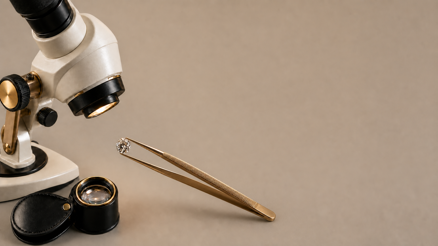 A cropped gemological microscope examining a diamond with complete gold jeweller's tweezers.