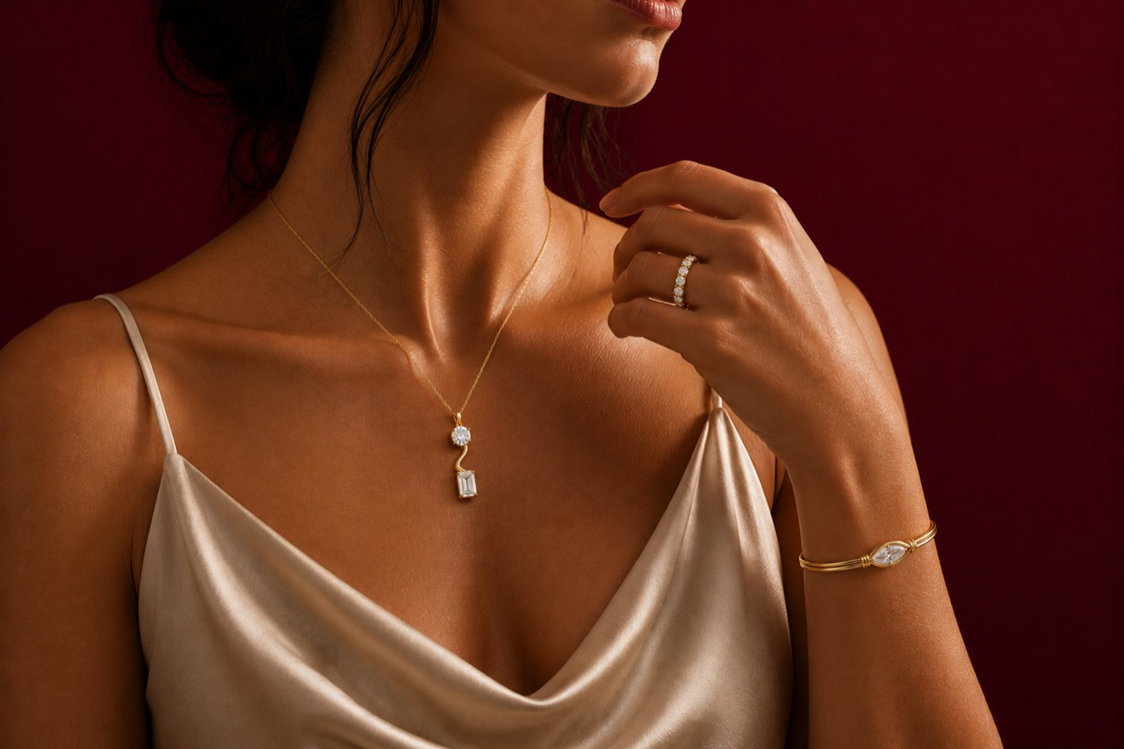 Woman wearing a Maison Lumore personalised diamond pendant, eternity ring and bracelet.