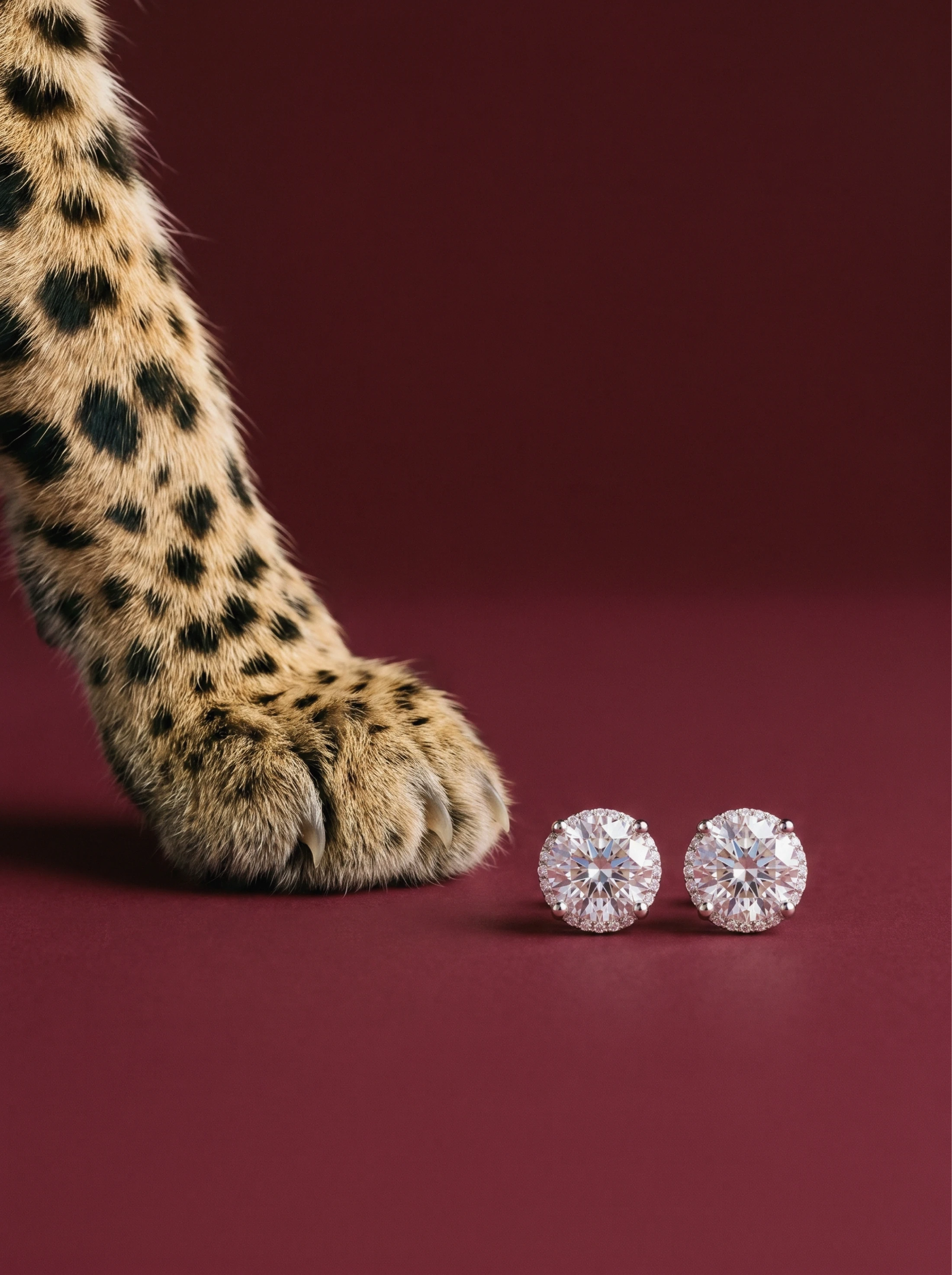 A companion animal paw rests beside diamond stud earrings.