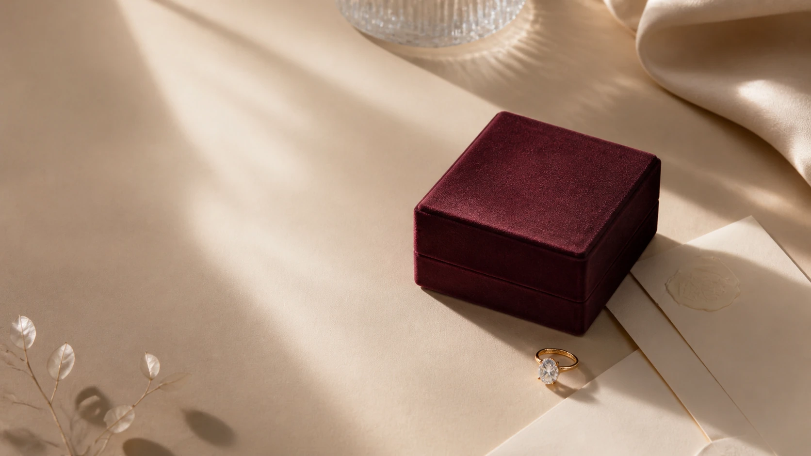 A burgundy presentation box, diamond ring and ivory correspondence in warm light.